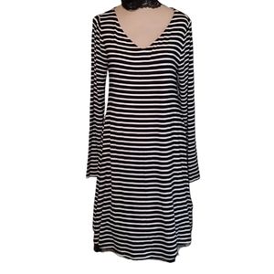 APT 9 Black & White Striped Midi Dress Large Rayon Spandex Blend Long Sleeve